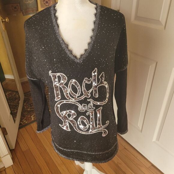 BLACK/SILVER SEQUINED ROCK AND ROLL SWEATER - Picture 3 of 10